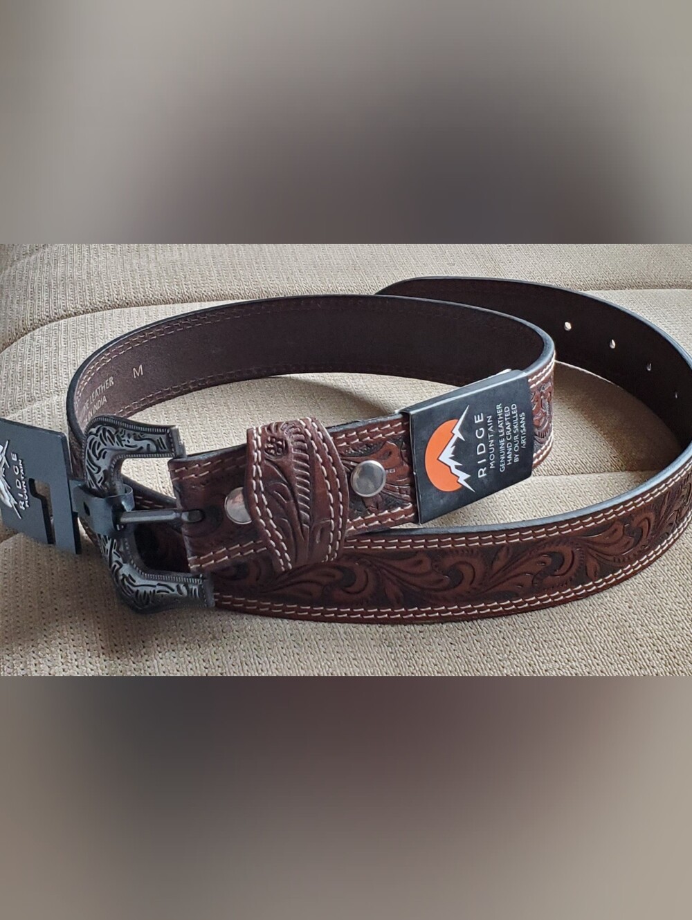 Tooled Brown Leather Women's Belt